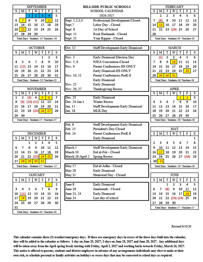 A one-page public school calendar for 2016-2017 with monthly grids surrounding a central list of important dates and holidays.